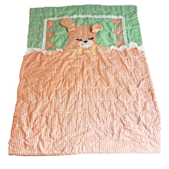 VTG Sleepy Puppy Baby Quilted Comforter Blanket Gingham Floppy Ears Crib Thick - Picture 1 of 9